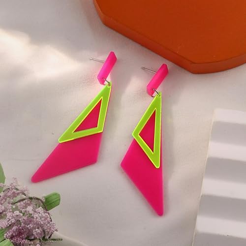 Miniatura 7 de Aretes de neón retro de los años 80 para mujer, aretes colgantes de neón triangulares acrílicos, coloridos aretes geométricos de gota, brillantes