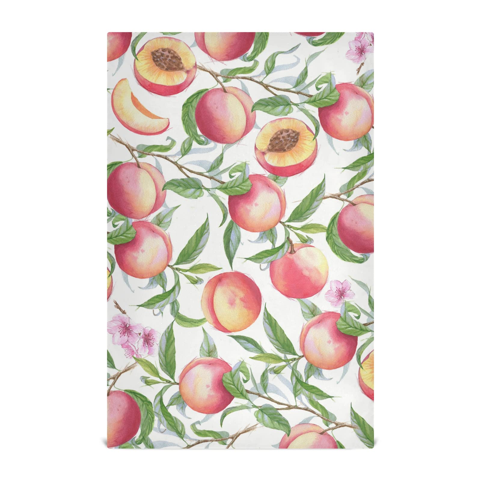 Watercolor Seamless Pink Peaches with Branches Green Leaves on White 4 Packs Polyester Kitchen Dish Towel, Hand Bar Tea Towels with Hanging Loop, Hemmed NapkinTowel Dishtowels Waffle Dishcloths