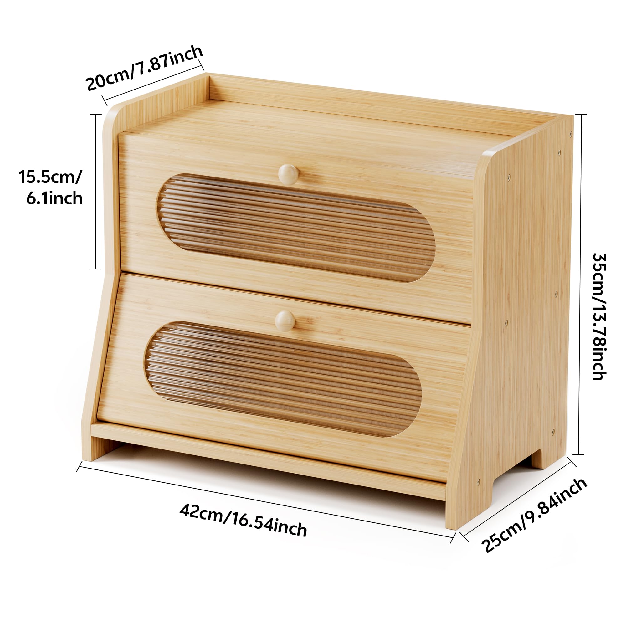 Panera para encimera de cocina, contenedor grande de almacenamiento de pan de bambú de doble capa con panel de puerta ondulado acrílico (natural)