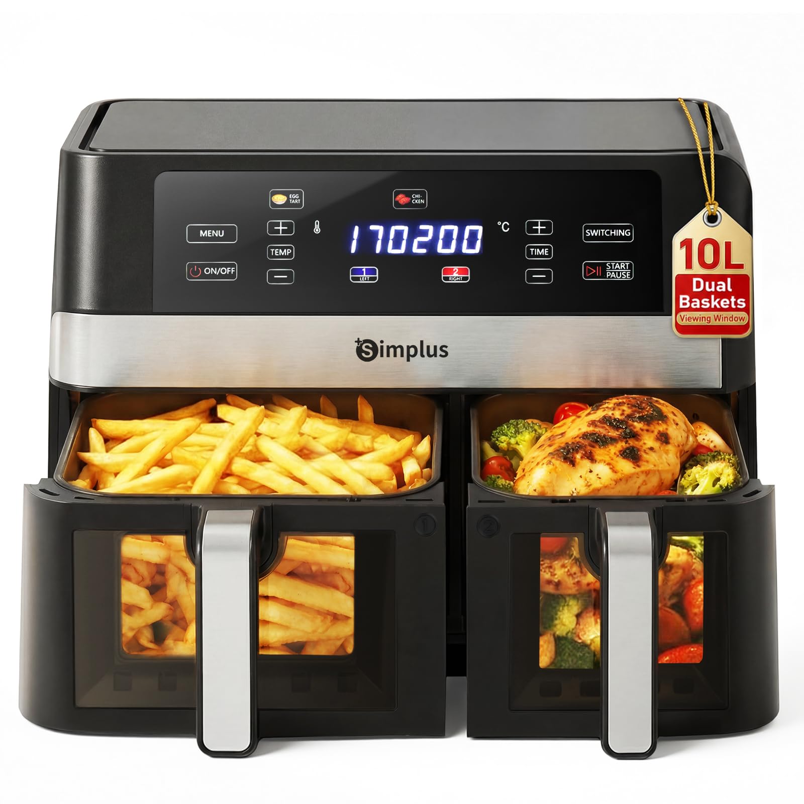 SIMPLUS Friteuse à Air Double Panier 10L, 1800W, Écran Tactile LCD, 11 Programmes, Fenêtre Visible, Four à Air Chaud avec Micro-Vapeur, Noir