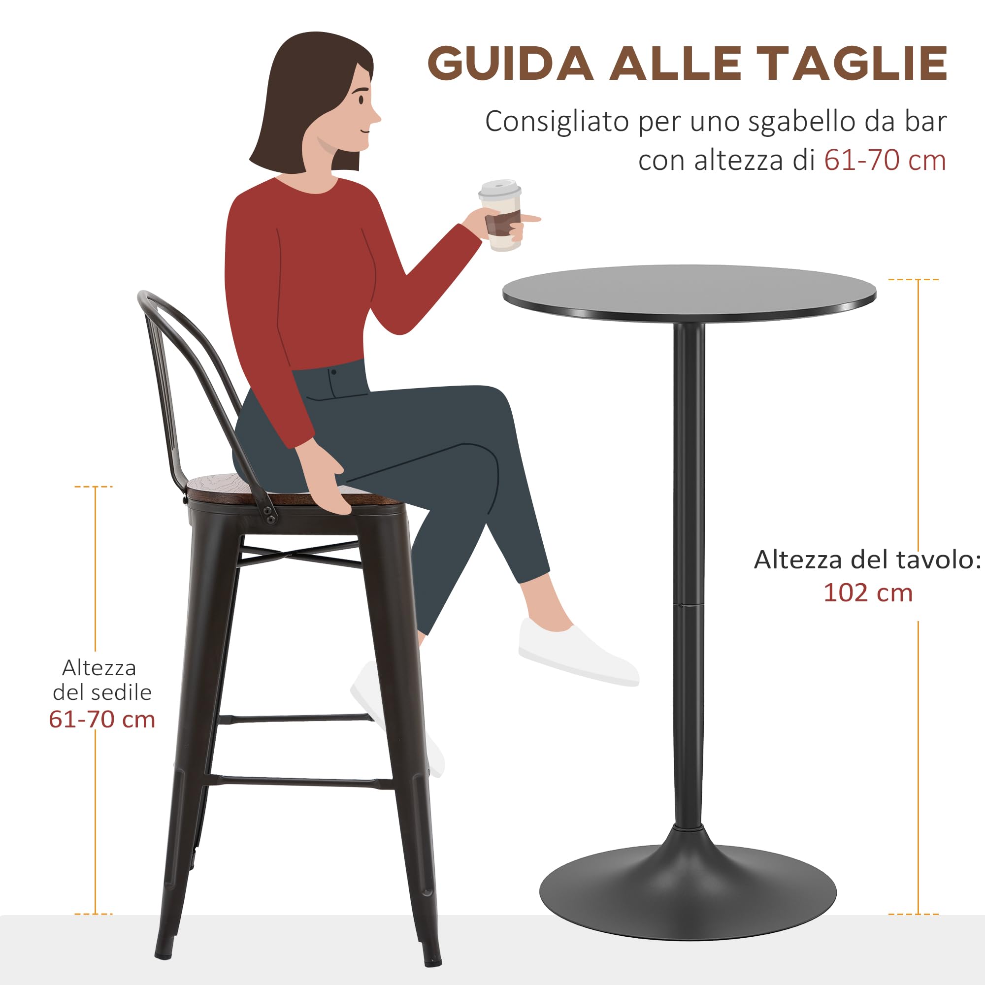 HOMCOM Tavolo Bar Rotondo Ø60x102 cm, Tavolo da Cucina Alto Salvaspazio con Struttura in Acciaio, Isola Cucina con Piano Verniciato, Moderno, per Cucina Sala da Pranzo, Nero