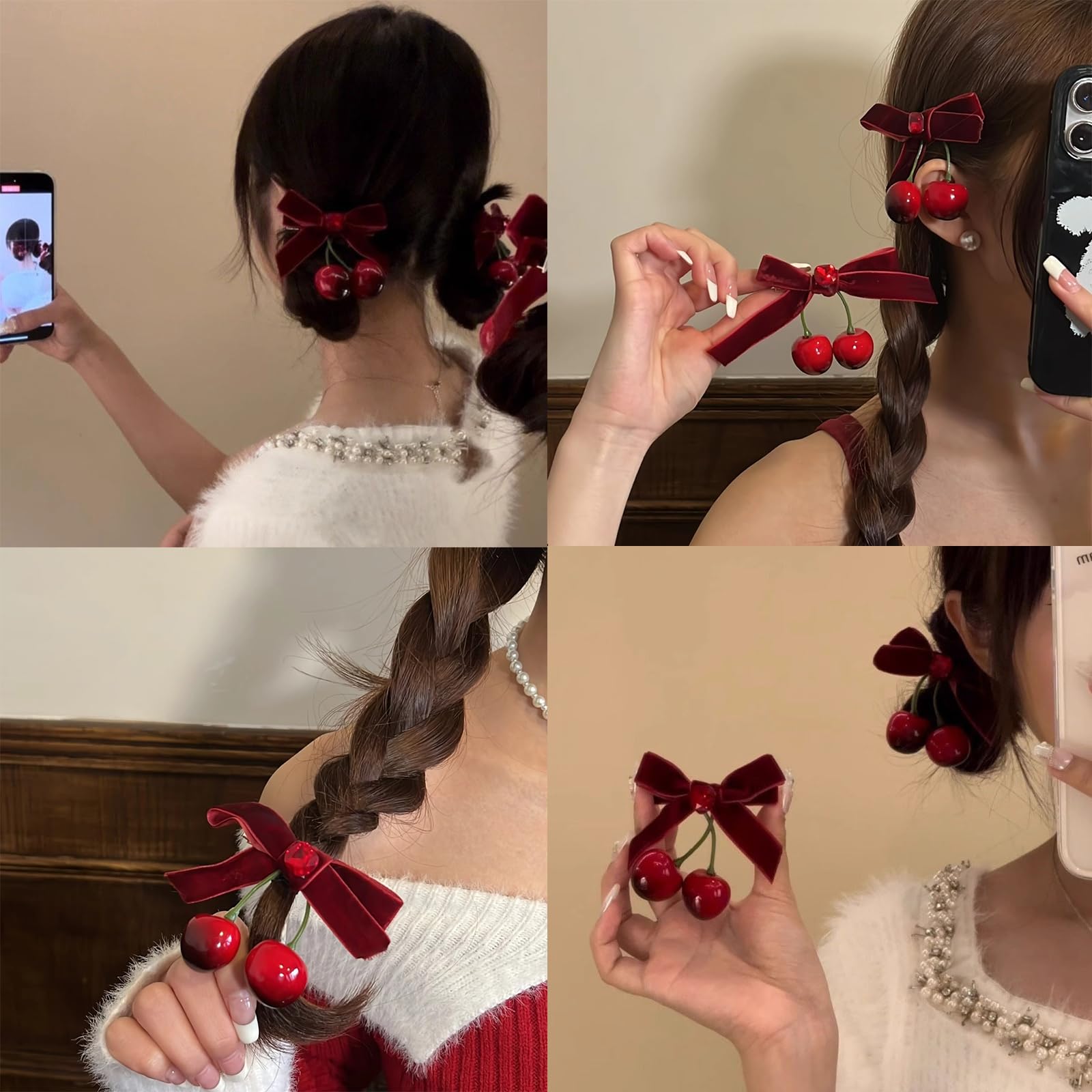 Amazon.com : 6 Pcs Cherry Bow Hair Clip Rhinestone Velvet