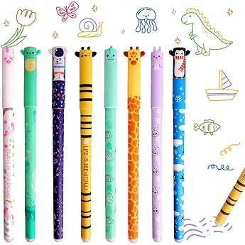 8 Colorful Erasable Ballpoint Pens 0.5mm Tip Cartoon Animals