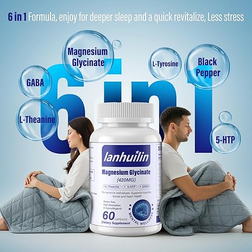 Miniatura 4 de Complejo de magnesio 6 en 1, 420 mg de glicinato de magnesio puro, suplemento de magnesio con GABA, 5-HTP, L-teanina, L-tirosina, vegetariano y de