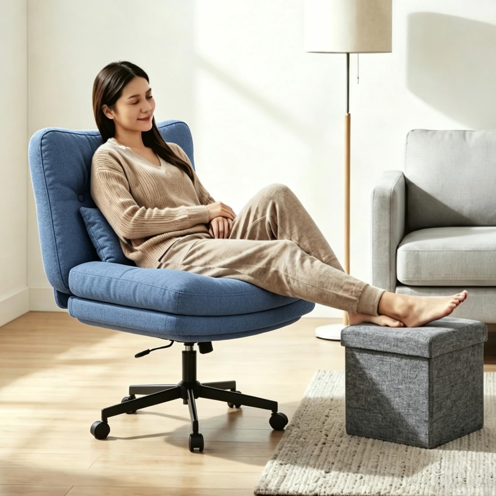Silla Escritorio Ajustable en Altura Silla Oficina Ergonómica con Ruedas, Silla Tocador con Taburete de Almacenamiento, Silla Giratoria con cojín Grueso para Oficina, Estudio, Azul