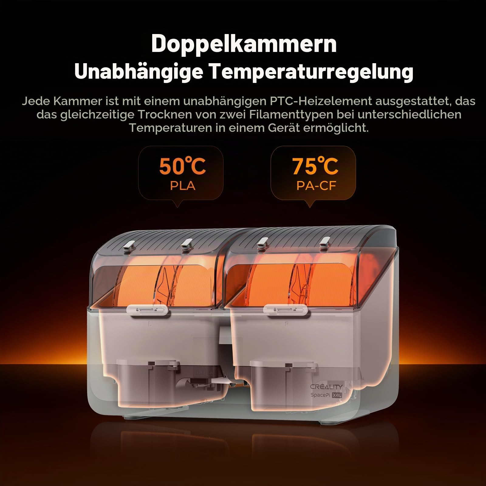 Creality Filament Trockner für 4 Spulen, SpacePi X4L, zwei unabhängige Heizkammern, Temperatur bis 75 °C, LCD Touchscreen, Filament Trockenbox für PLA PETG ABS TPU PA