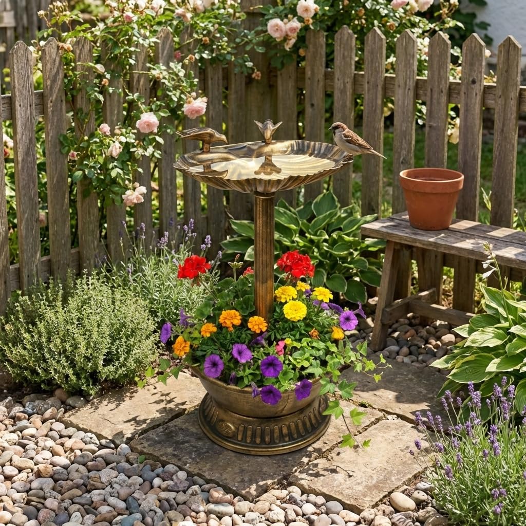 Gardenkraft Bain pour Oiseaux Coquille de palourde avec Base jardinière Bronze