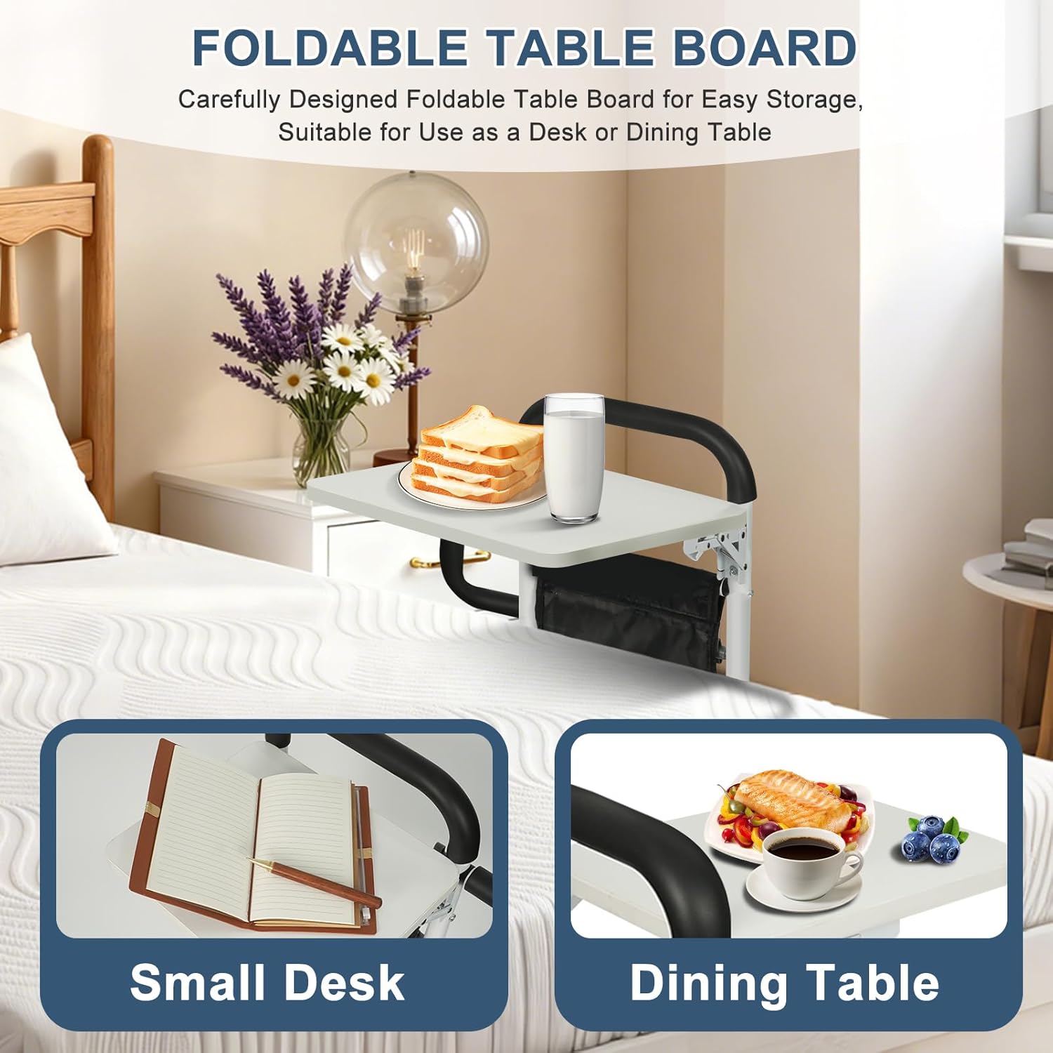 Bed Rail for Elderly Adults Safety,Bed Rails with Foldable Table Board,Storage Pocket,Sensor Light,Height Adjustable Bedside Assist Rail with Non-Slip Ergonomic Handle&Reinforced Support Bar