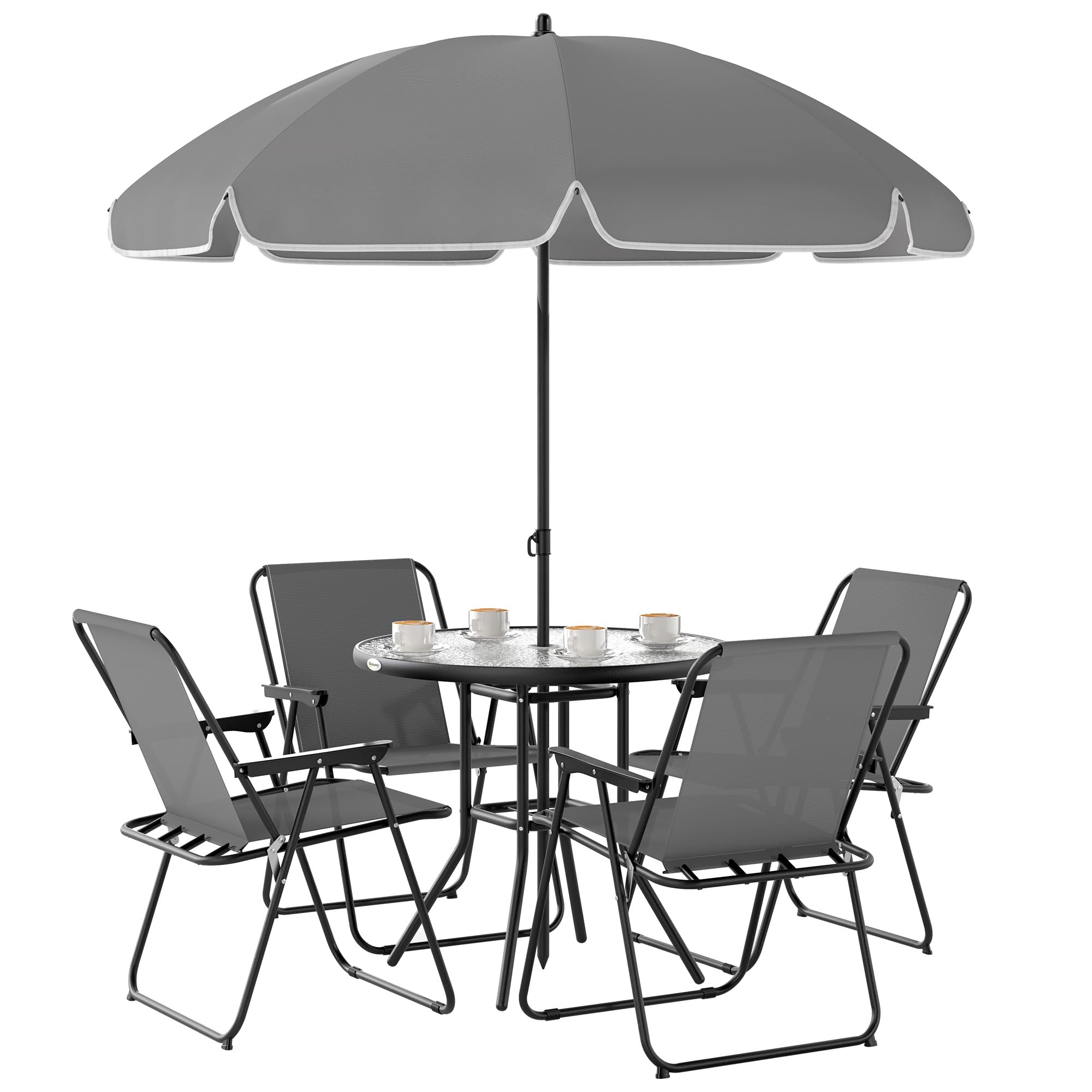 Outsunny Conjunto de Mesa y Sillas Jardín de 6 Piezas Muebles de Jardín Exterior con 4 Sillas Plegables Mesa de Vidrio y Sombrilla para Terraza Patio Gris