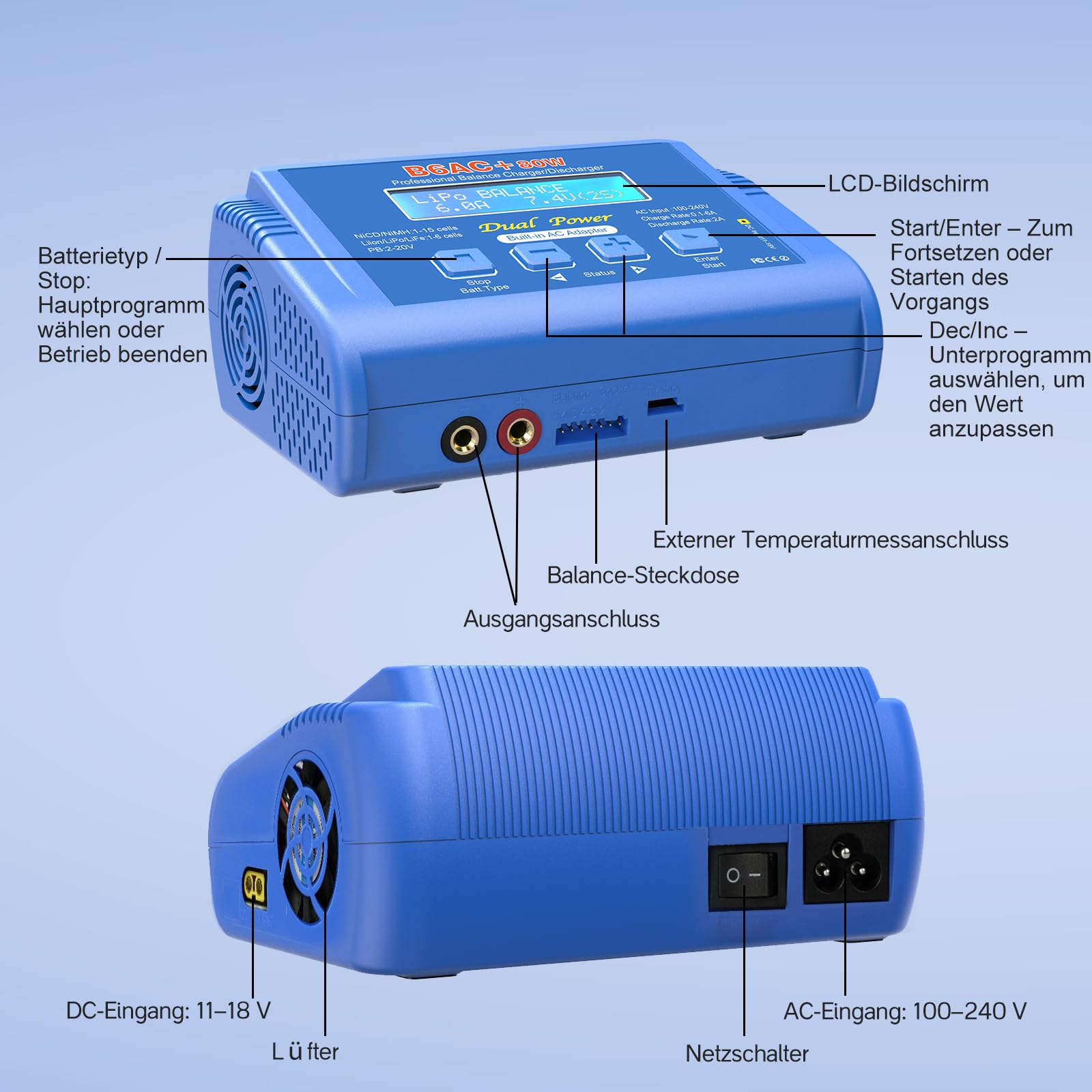 Haisito Lipo ładowarka 80 W 6 A – ładowarka do akumulatorów litowo-jonowych, Life, LiMH, NiCd, LiHV, Pb | Ładowarka do akumulatorów RC z wbudowanym adapterem | Lipo Balance Charger do Airsoft