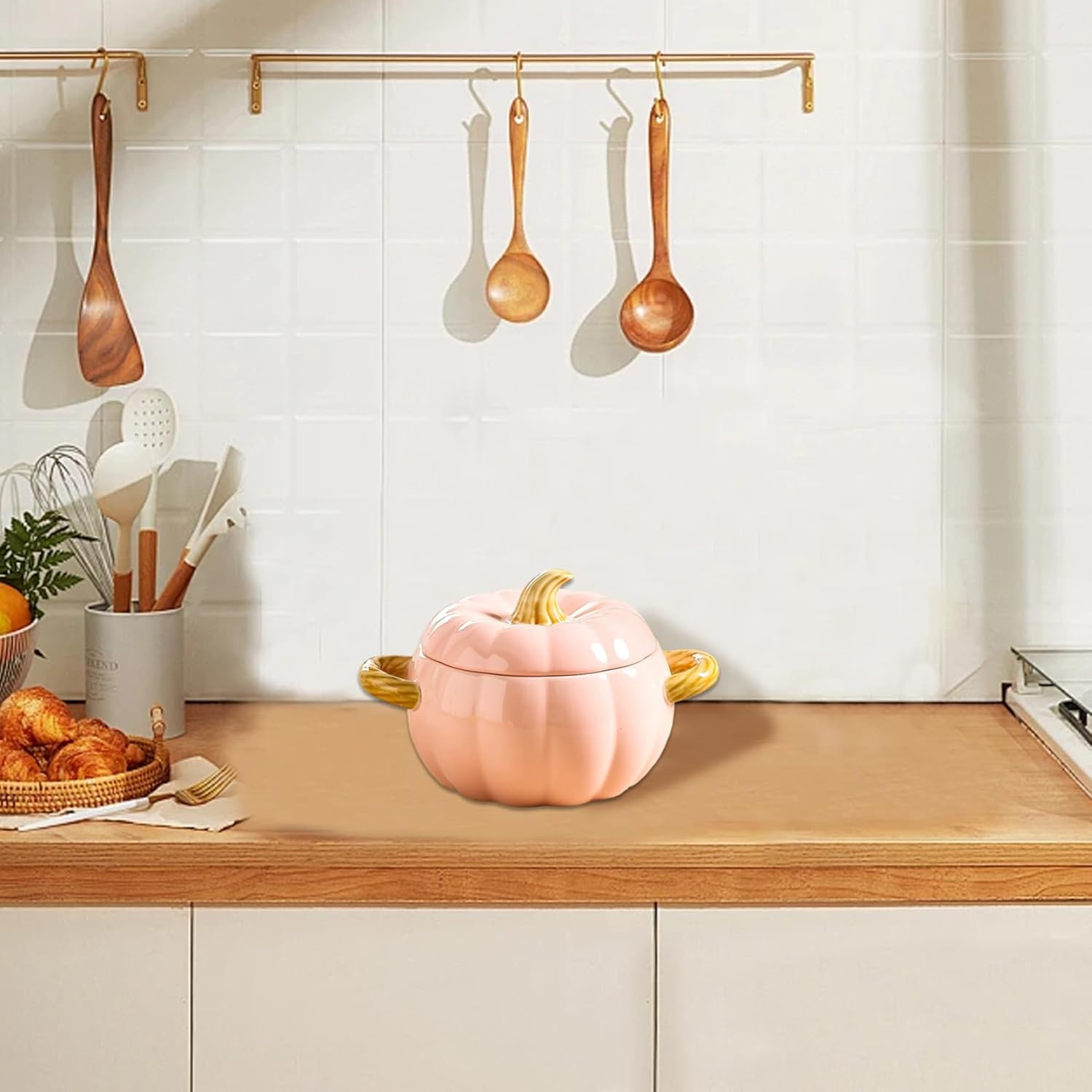 Pumpkin Dutch Oven Pot with Lid & Handle, 1.7L Non-Stick Ceramic Pumpkin Dutch Oven, Even Heating Kitchen Pot for Stew Soup