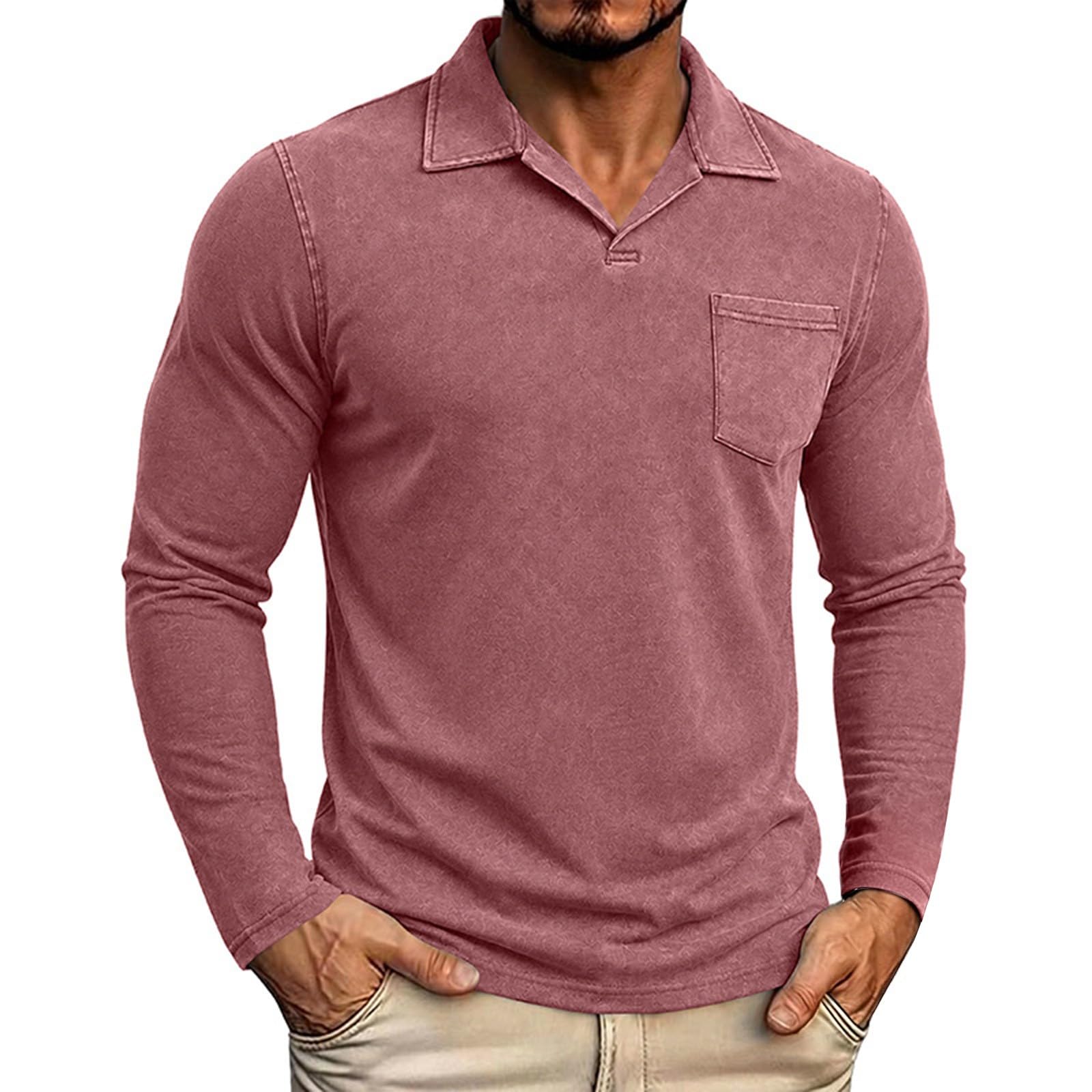 Polo da uomo in lino con scollo a V aperto - Camicetta a maniche lunghe con