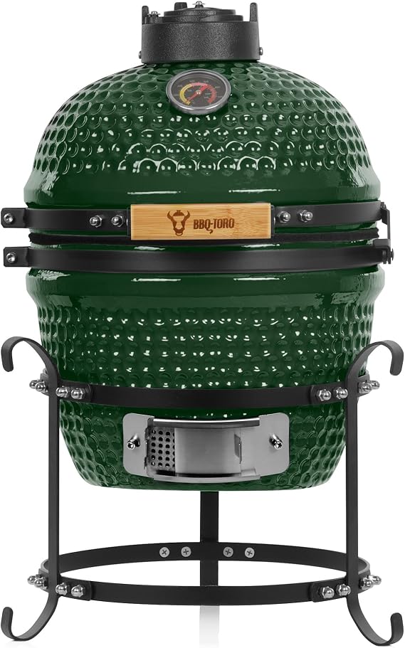 BBQ-Toro Kamado Haiiro Charcoal Grill Diameter 32 cm Green Mini Charcoal Grill with Thermometer and Wooden Handles Ceramic Grill Round Ceramic Grill Egg Smoker BBQ Grill Oven Kamado BBQ
