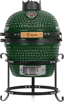 BBQ-Toro Kamado Haiiro Charcoal Grill Diameter 32 cm Green Mini Charcoal Grill with Thermometer and Wooden Handles Ceramic Grill Round Ceramic Grill Egg Smoker BBQ Grill Oven Kamado BBQ
