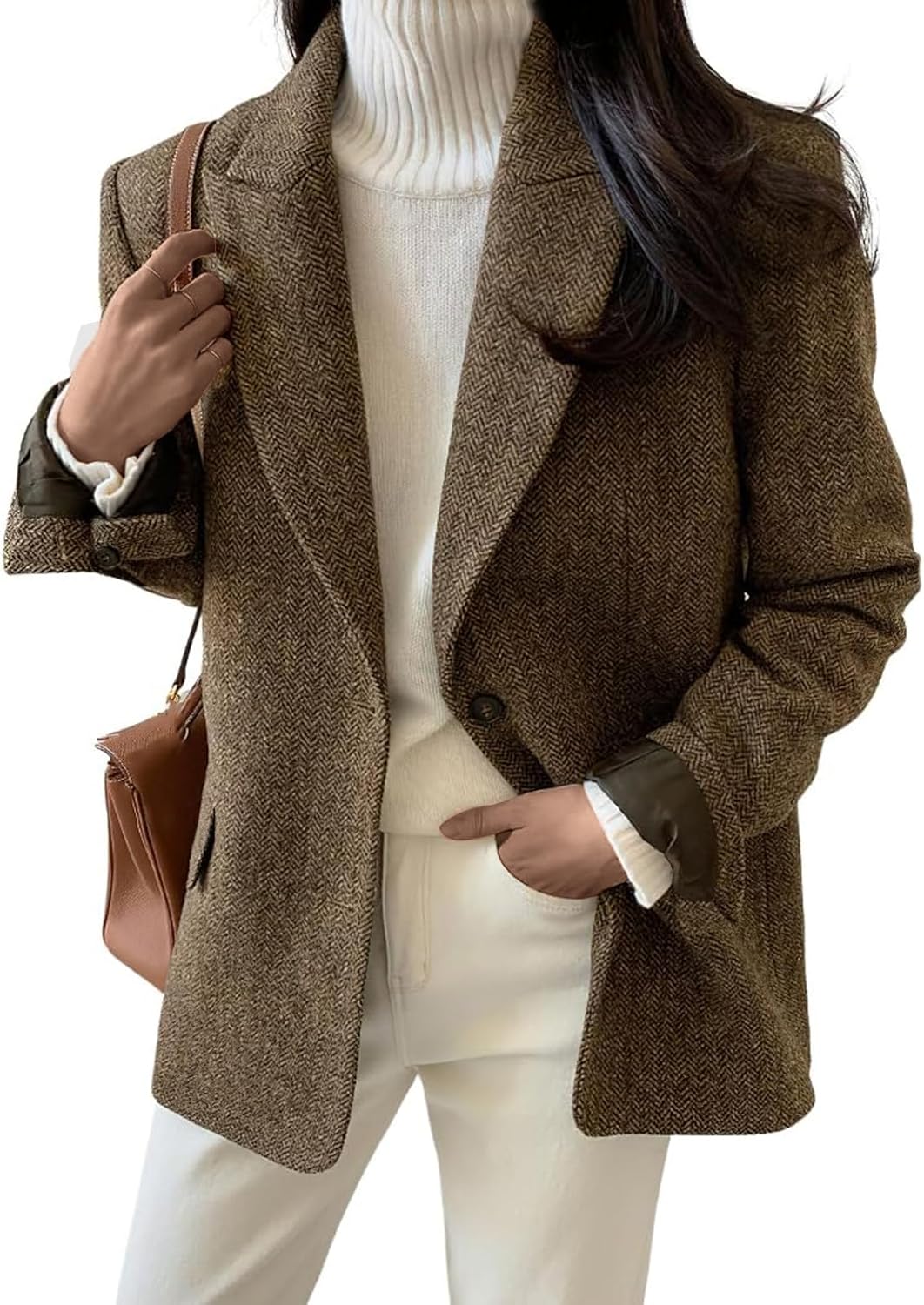 Womens Wool Blend Blazer Jacket Business Single Breasted Lapel Cardigans Fall Winter Casual Long Sleeve Trench Coats