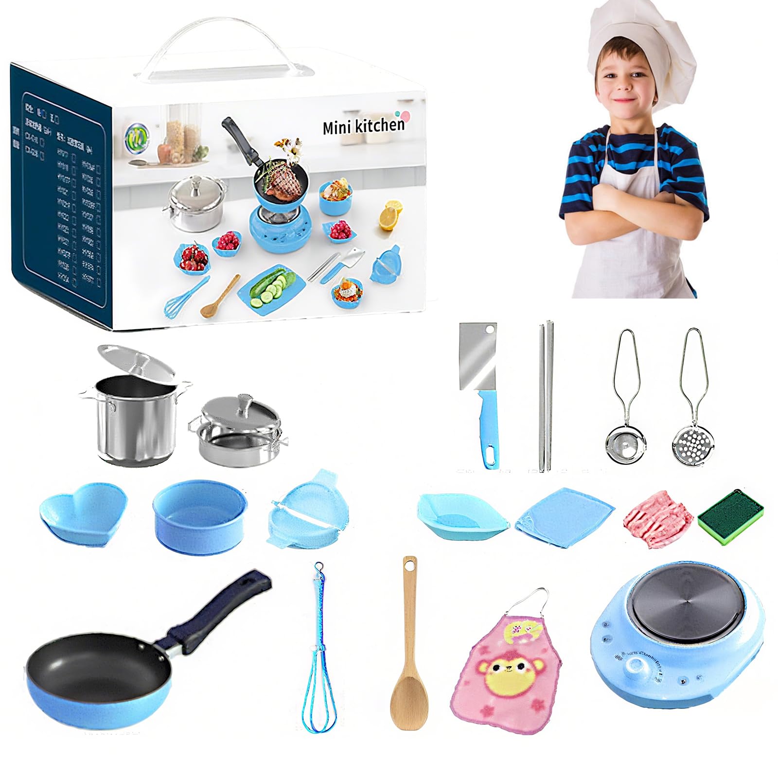 22PCS Children's Cooking Mini Kitchen Toys, Kids Kitchen Playset, Kid Real Easy Bake Cook Set, Food-Grade Stainless Steel Kids Cooking Sets, Cooking Play Pots, Pans, Accessories, Tool (Blue)