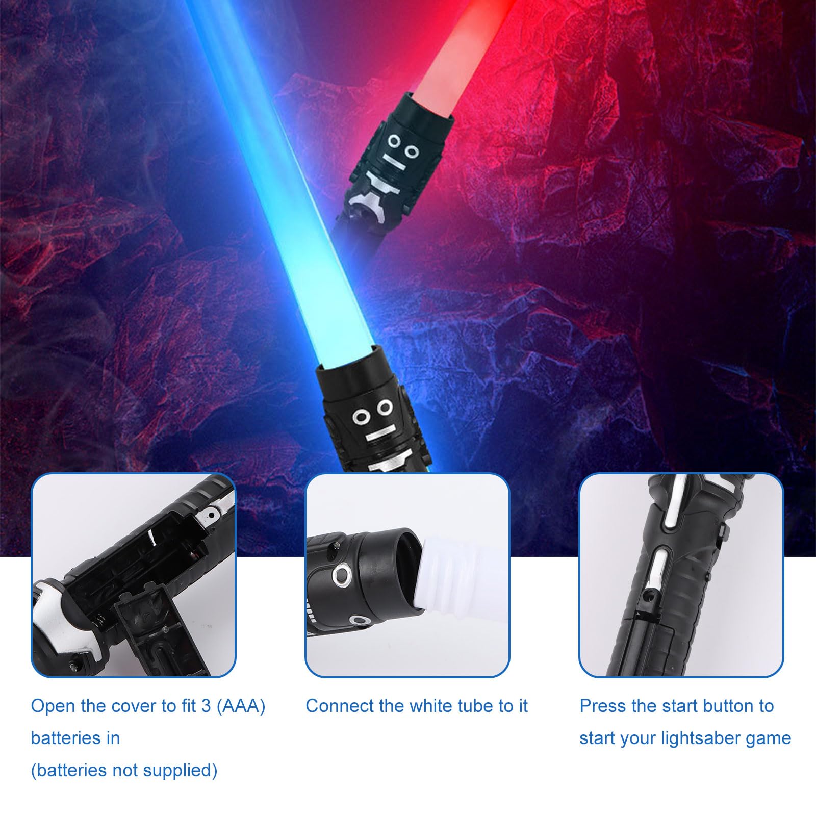 Sabre Laser Enfant 2 Pièces Lightsaber 2 en 1 Sabre Laser Lumineux LED 7 Couleurs Sabre Laser à Effets Sonores Epées Laser Télescopiques pour Adulte Enfant Halloween Cosplay Party