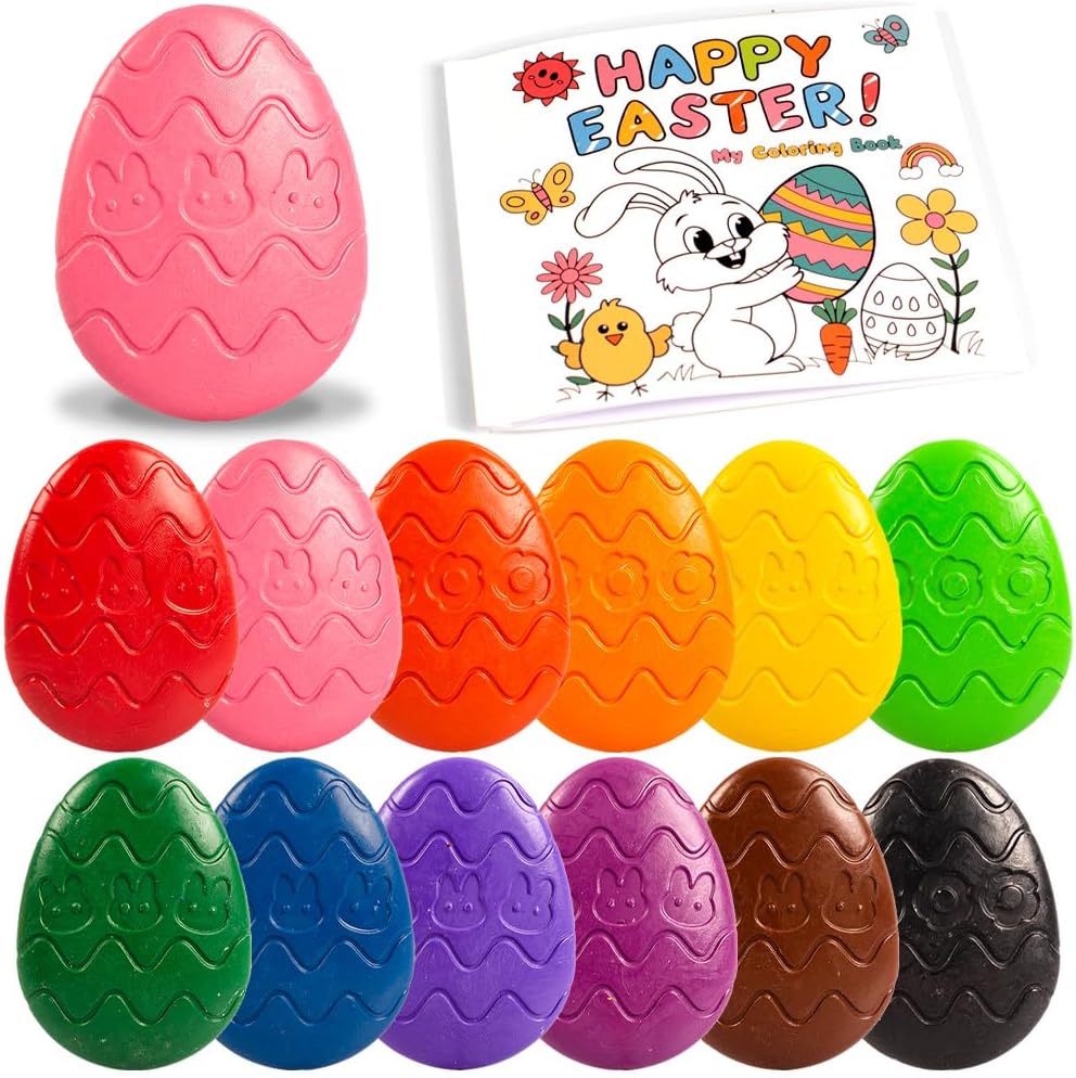 VKTEN Egg-Shaped Toddler Crayons, 12 Colors Non-Toxic Washable Crayons for Kids with Easter Coloring Book – Perfect Easter Basket Stuffers for Babies Toddler