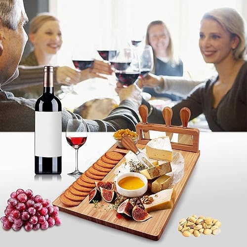 Miniatura 5 de Juego de tablas de queso de bambú, bandeja de queso, tabla de embutidos y plato de carne para servir con 4 cuchillos de queso de acero inoxidable,