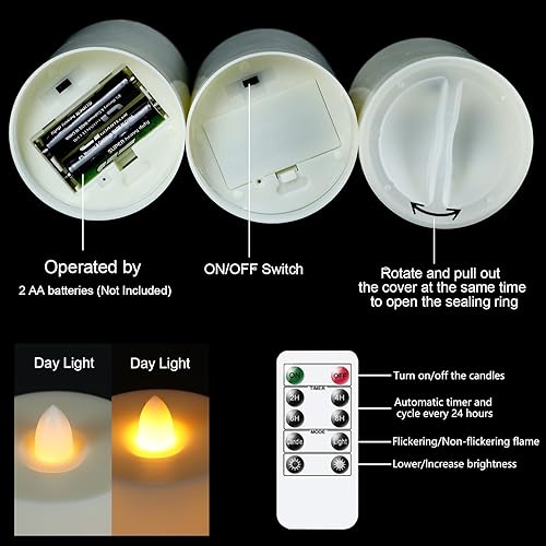Miniatura 7 de DRomance Velas sin llama impermeables para exteriores con control remoto de 10 teclas y temporizador, funciona con pilas, velas LED planas blancas