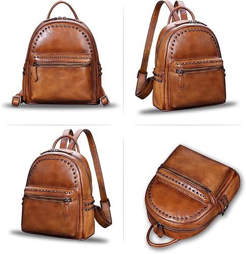 Miniatura 4 de IVTG Mochila de cuero genuino para mujer, bolso vintage de cuero real, mochila de hombro, mochila de moda, Marrón, Único,Vintage