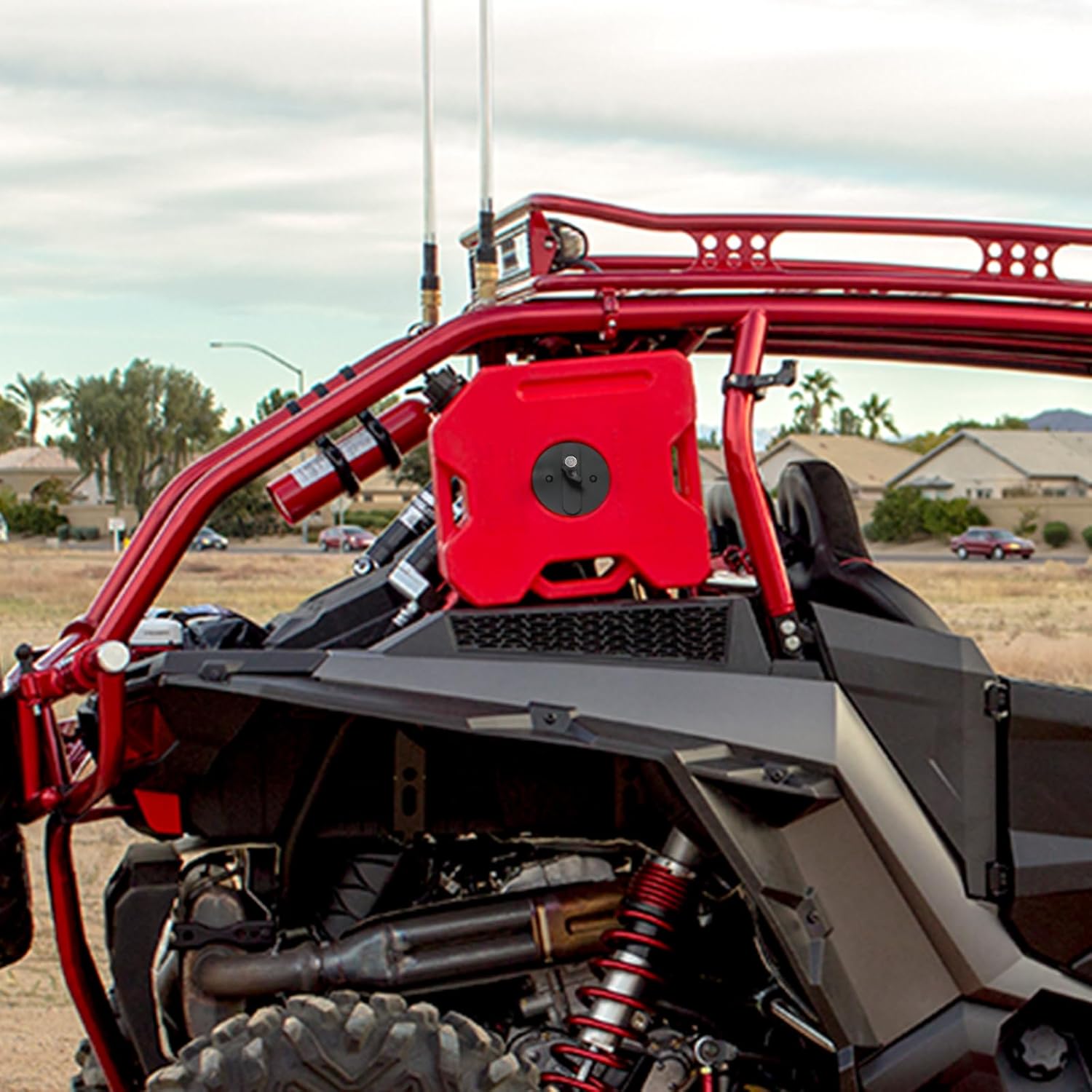 UTV ATV Metal Gas Can Mount with Lock, Aluminum Alloy Oil Mounting Holder for 1.75''-2'' Roll Bar Compatible with Polaris RZR Pioneer Yamaha Can Am Maverick X3 Ranger Camper Van