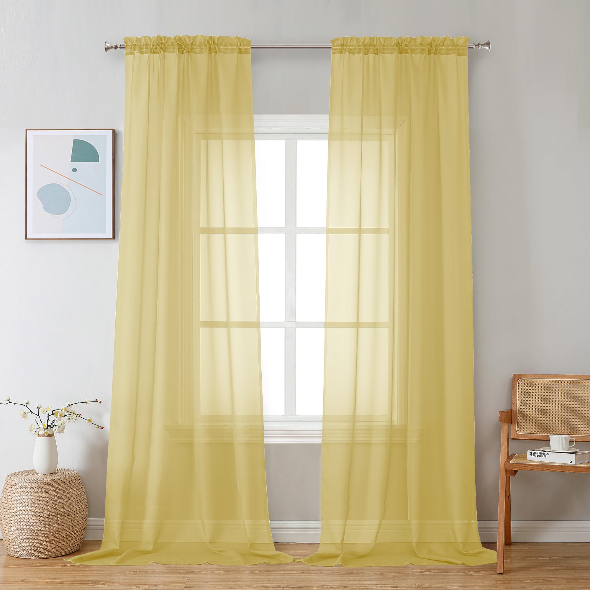 Chyhomenyc Yellow Sheer Curtains 108 Inches Long - Light Filtering Voile Extra Long Panel Drapes for Floor to Ceiling Window, Elegant Soft Living Room Curtains, Each 42Wx108L Inch, 9FT, 2 Panels
