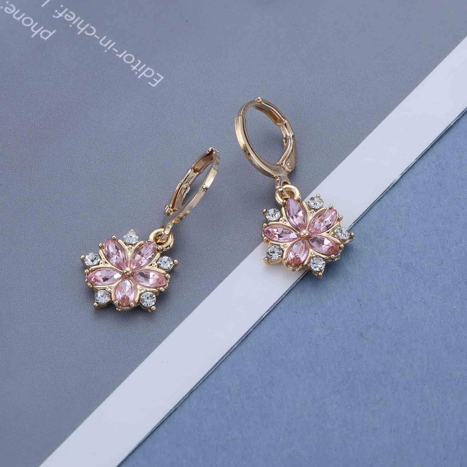 Vintage Crystal Flower Dangle Earrings Purple Rhinestone Flower Drop Earrings Gold Flower Huggie Hoop Earrings Cz Flower Floral Earrings Jewelry for Women - Image 4
