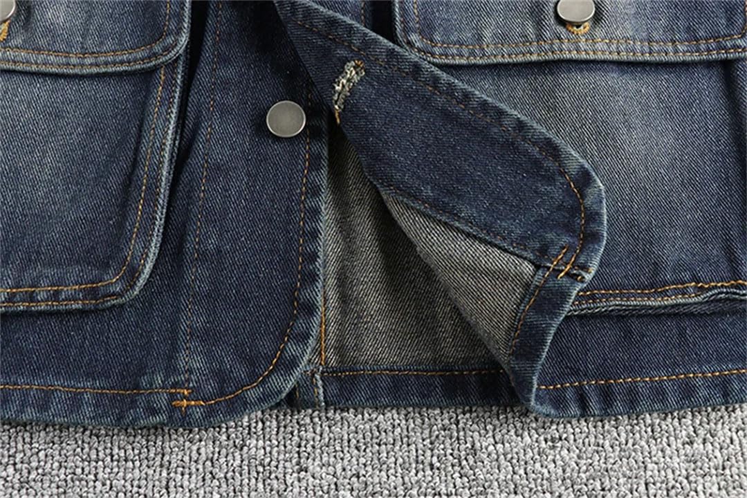 Gilet da uomo in denim stile retrò invecchiato senza maniche con design multi-tasca