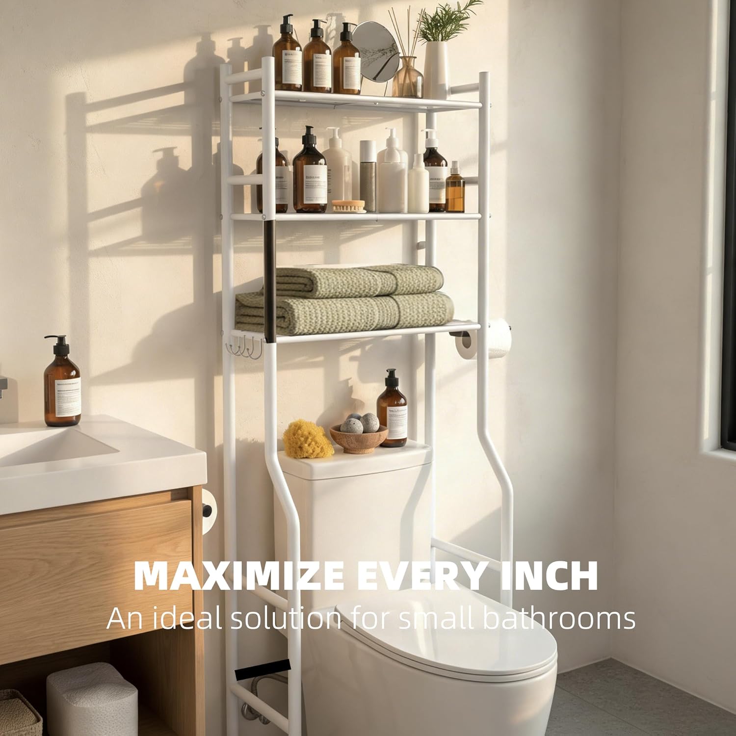 GloTika 3-Tier Over Toilet Storage with Anti-Tilt Safety System - 150lb Total Capacity Metal Bathroom Shelves Including Paper Holder & 4 Hooks, Space Saving Above Commode Organizer (64" H, White)