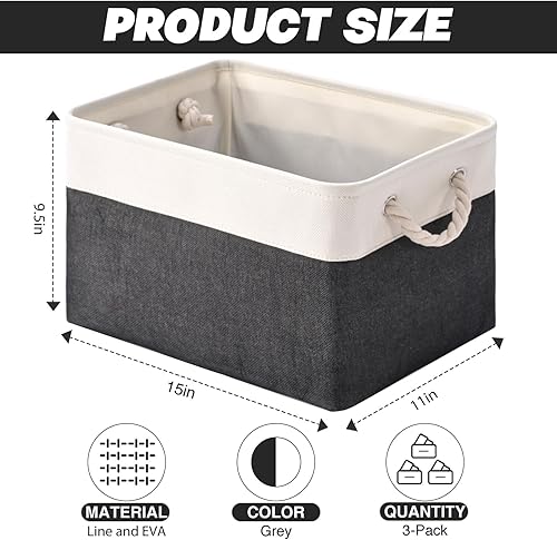 Miniatura 2 de Paquete de 3 contenedores de almacenamiento, canastas de almacenamiento de tela para almacenamiento plegables de lona medianas para organización