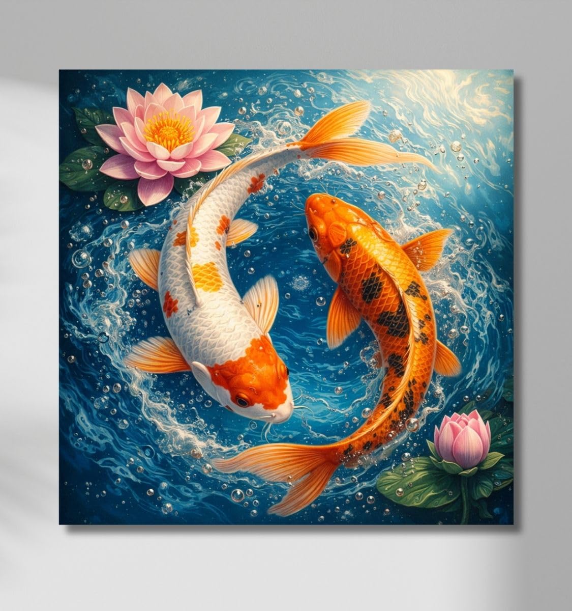 Kunj Cart Koi Fish Vastu Painting | 8+ DESIGNS | Vastu Koi Fish Painting For Living Room, Bedroom, Home & Office Decor | Modern Canvas Wall Art | 9 Koi-Fishes 8 Red & 1 Black with Lotus (Design - C, 12x12 Inch, Framed)-image-3