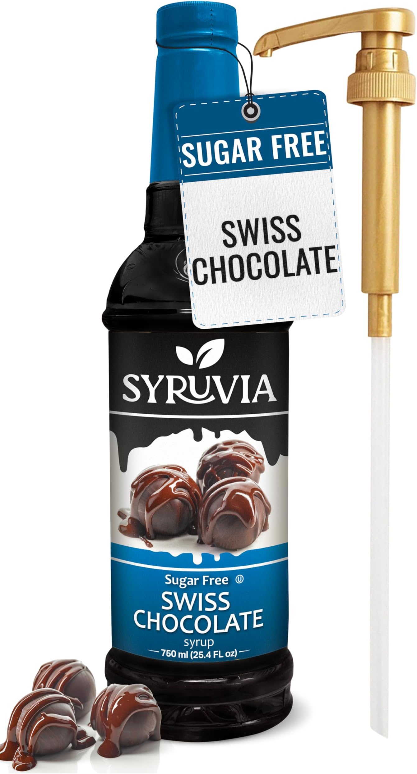 Syruvia Sugar Free Coffee Syrup, Swiss Chocolate Flavored Syrup for Drinks, Lattes, and Desserts – 25.4 fl oz, With Pump