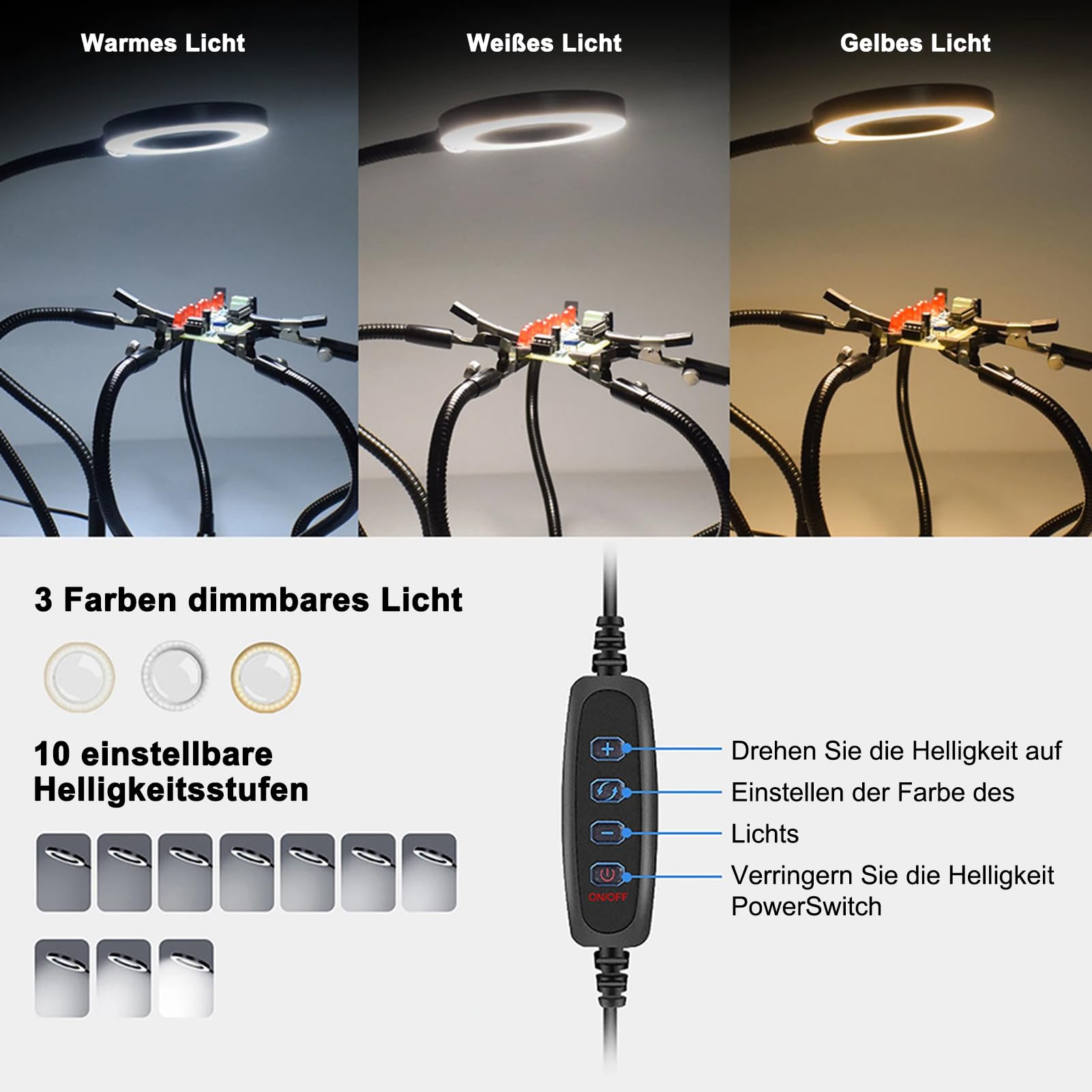 Löten Dritte Hand, Geevorks Löthilfe Werkzeug mit 5 flexiblen Armen und Krokodilklemmen, 3X LED Lupenlampe, Schweißspitzenreiniger für elektronische Reparaturen, Löten, Schmuckbasteln