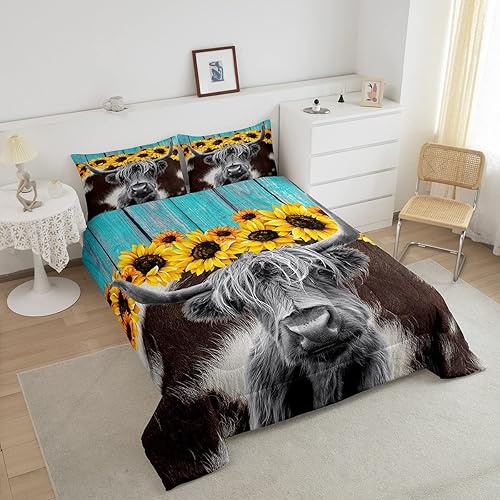Miniatura 3 de Juego de ropa de cama de vaca de las Highland, edredón con estampado de piel de vaca marrón para niños y niñas, edredón de girasoles en 3D,