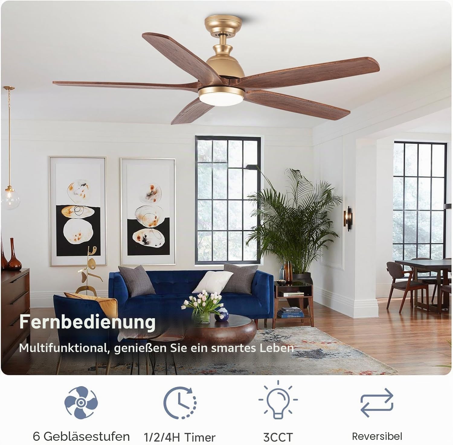 132cm-Deckenventilator mit Lichtern, Flügel aus massivem Holz, moderner goldener Deckenventilator, feuchtigkeitsgeschützter Deckenventilator für Terrassen, leiser DC-Motor, Gold + Walnuss