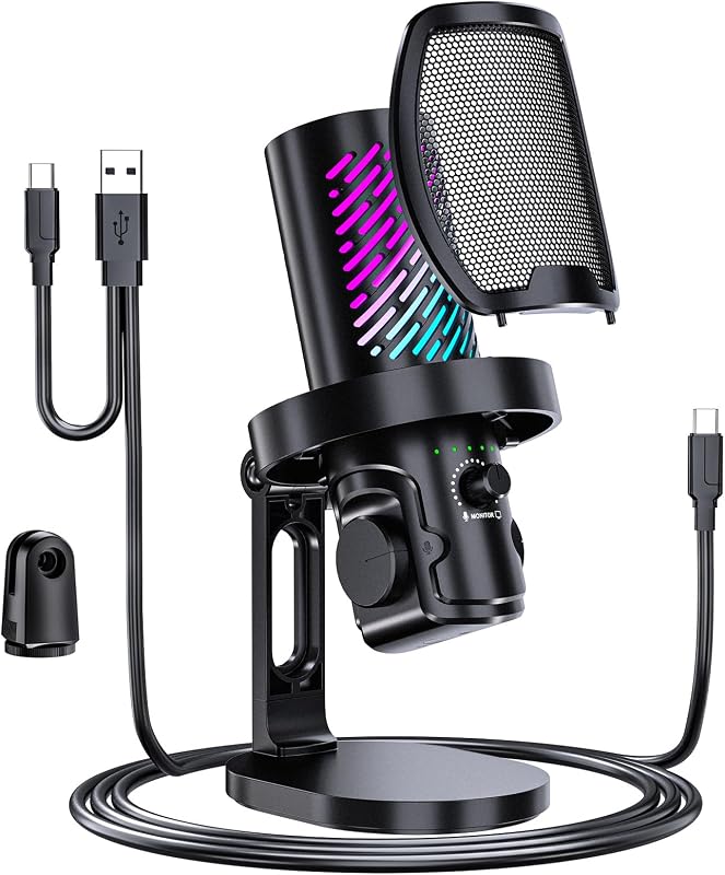 tenlamp USB Gaming Microphone for Streaming & Podcast, Gain Control | Capture clear voice with cardioid condenser sound, noise reduction, RGB lighting, touch mute and headphone monitoring