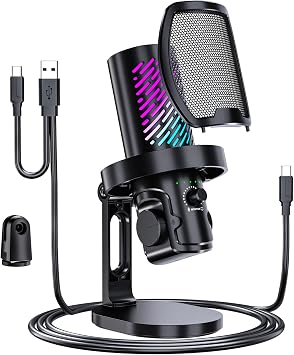 tenlamp RGB USB Gaming Microphone for PC, Streaming & Podcast, Cardioid Condenser Mic with Noise Reduction, Touch Mute, Headphone Monitoring, Gain Control, Plug & Play for Mac Phone