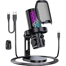 tenlamp USB Gaming Microphone for Streaming &amp; Podcast, Gain Control | Capture clear voice with cardioid condenser sound, noise reduction, RGB lighting, touch mute and headphone monitoring
