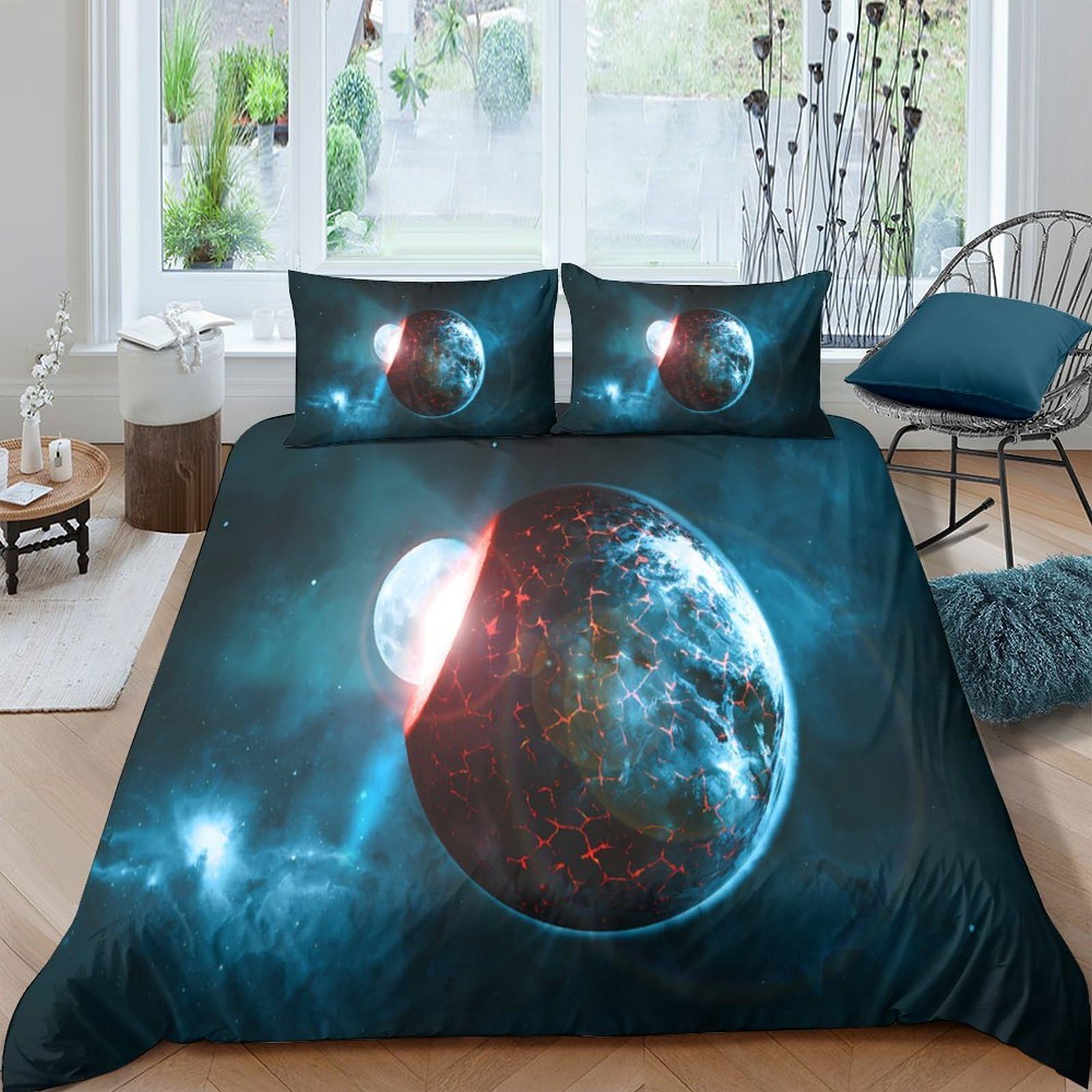 Ctjqhvkz Style-1 3D Printed Galaxy Planet Fitted Sheet Microfiber Soft Blue Cosmic Nebula Mattress Cover For Bedroom Dorm Bed Protection Decor Single（135X200cm）