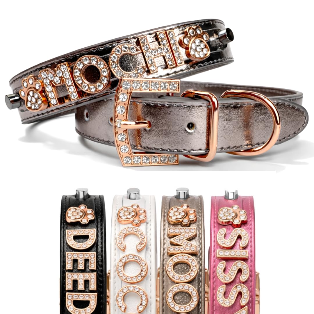 Rhinestone Bling Personalized Rose Gold Dog Collar | XXS-XL Fully Adjustable