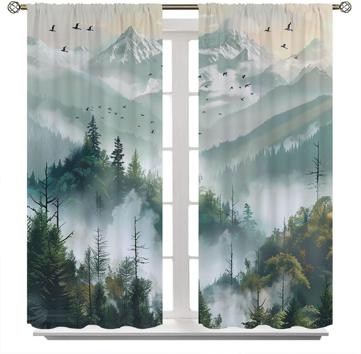 Green Misty Forest Blackout Curtains for Kid Girls Boys Bedroom, Nature Tree Dark Green Rod Pocket Darkening Thermal Insulated Curtains for Bedroom Living Room W63xL63 Inch