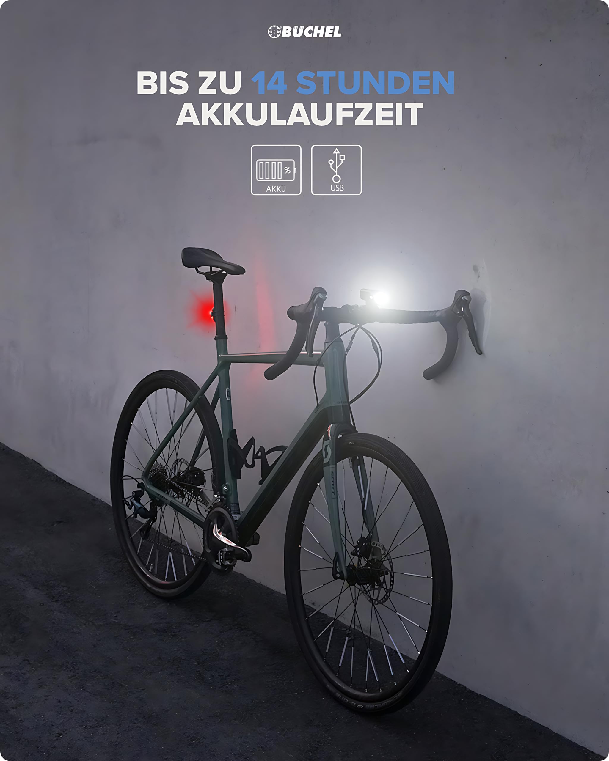 Büchel BLC 720 - Juego de Luces para Bicicleta (70/30/15 Lux, homologadas por StVZO, hasta 14 Horas de autonomía, luz LED Recargable para Bicicleta Delantera y Trasera, Micro USB)