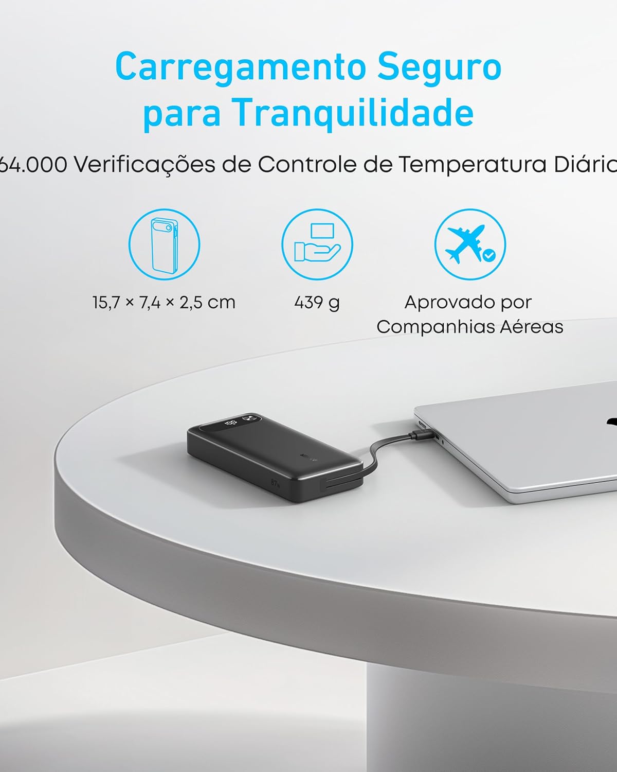 Anker Power Bank, 20.000mAh Carregador Portátil para Notebook com Cabo USB-C Integrado, 3-Portas 87W Máx Carregamento Rápido, Compatível com MacBook, iPhone 17/16/15, Samsung, Xiaomi,Switch e Mais