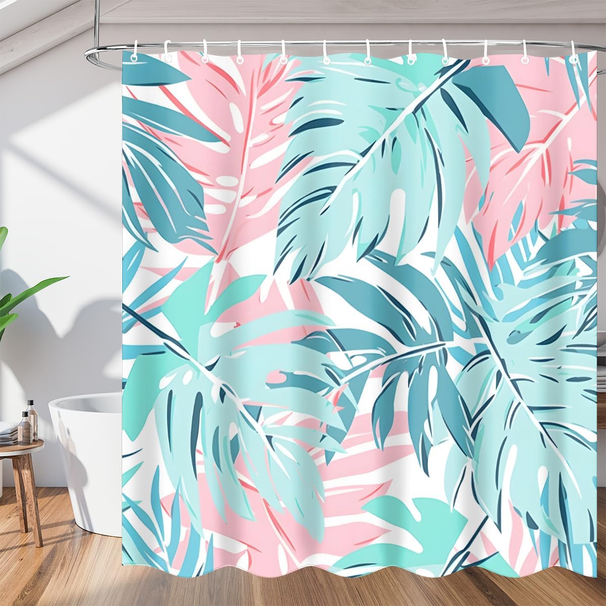 QsirBC Bathroom Shower Curtain 72Wx72H, Tropical Green Pink Leaves Bath Curtain Set with 12 Plastic Hooks, Waterproof Washable Polyester Shower Curtain Liners for Home Hotel
