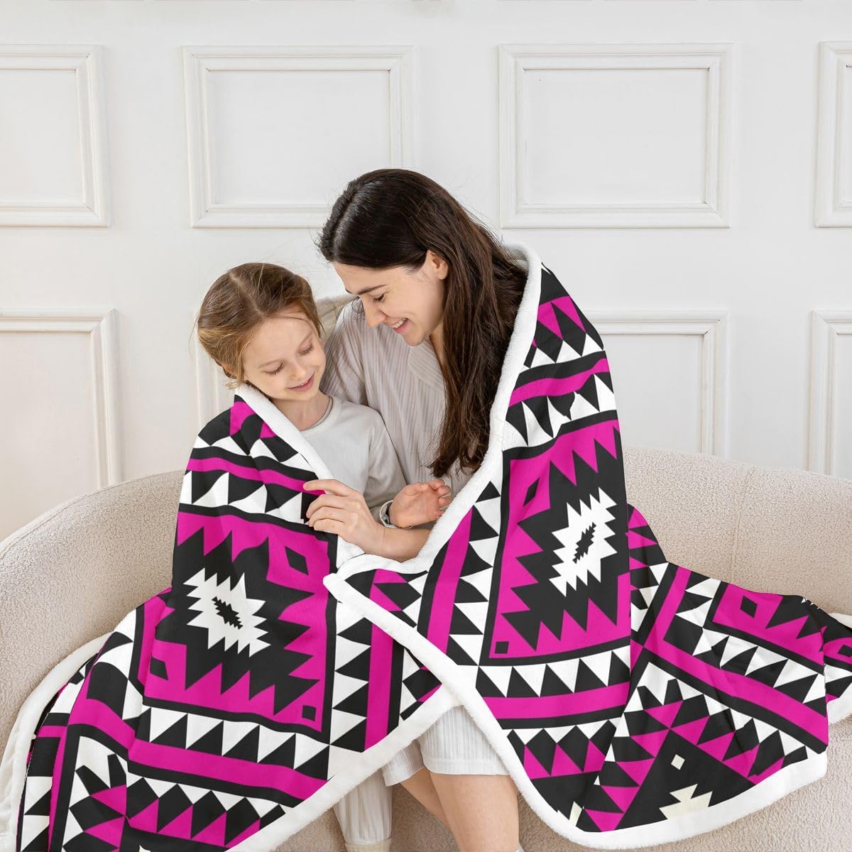 Erosebridal Girls Hot Pink Western Throw Blanket Twin 60"X80" Boho Aztec Sherpa Blanket Bohemian Southwestern Fleece Bed Blanket Ethnic Bohemian Geometric Diamond Warm Fuzzy Blanket