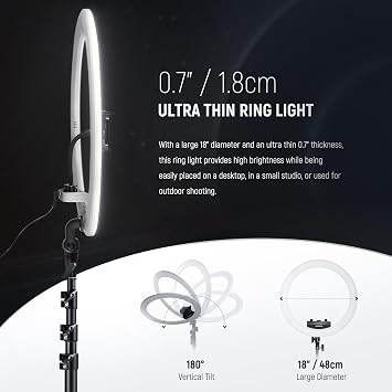 NEEWER 18 inch Ring Light with Tripod Stand and Phone Holder, Ultra Thin Video Ringlight 2900K-7000K TLCI98 App Control, Softer Lighting for Lash Tattoo Makeup Live Stream TikTok, RP18B Pro White
