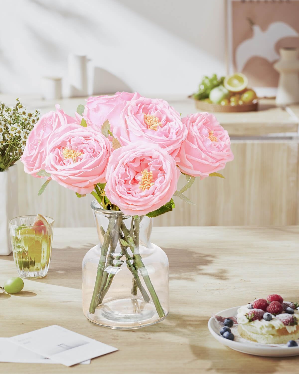 Fake Flowers in Vase Real Touch Faux Flowers in Vase Pink Roses Peonies Artificial Flowers Arrangements Table Centerpieces for Dining Room Home Decoration