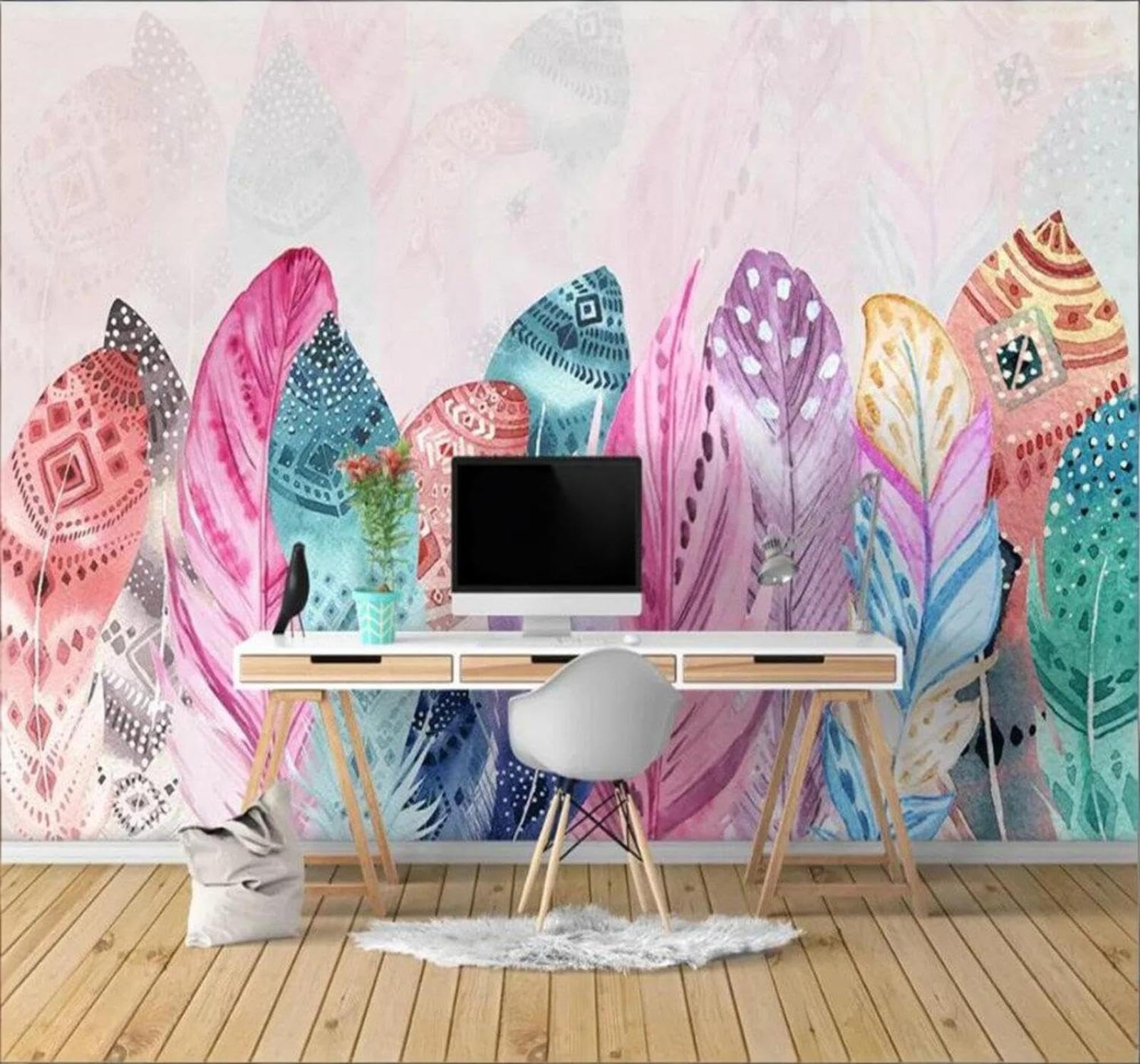 Xlming 250Cm×170Cm(B×H) Colourful Hand Drawn Feathers Art Patterns 3D Wallpaper Silky Texture Home Study Office Grey Dining Room Sofa Bedroom Living Room Tv Backdrop-250Cm×170Cm