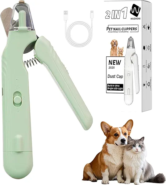 MUZMDNI 2-in-1 Dog Nail Grinder & Dog Nail Clippers Trimmers for Large Medium Small Dogs Cats Pets Claw Trimmer with LED Lights (Green)